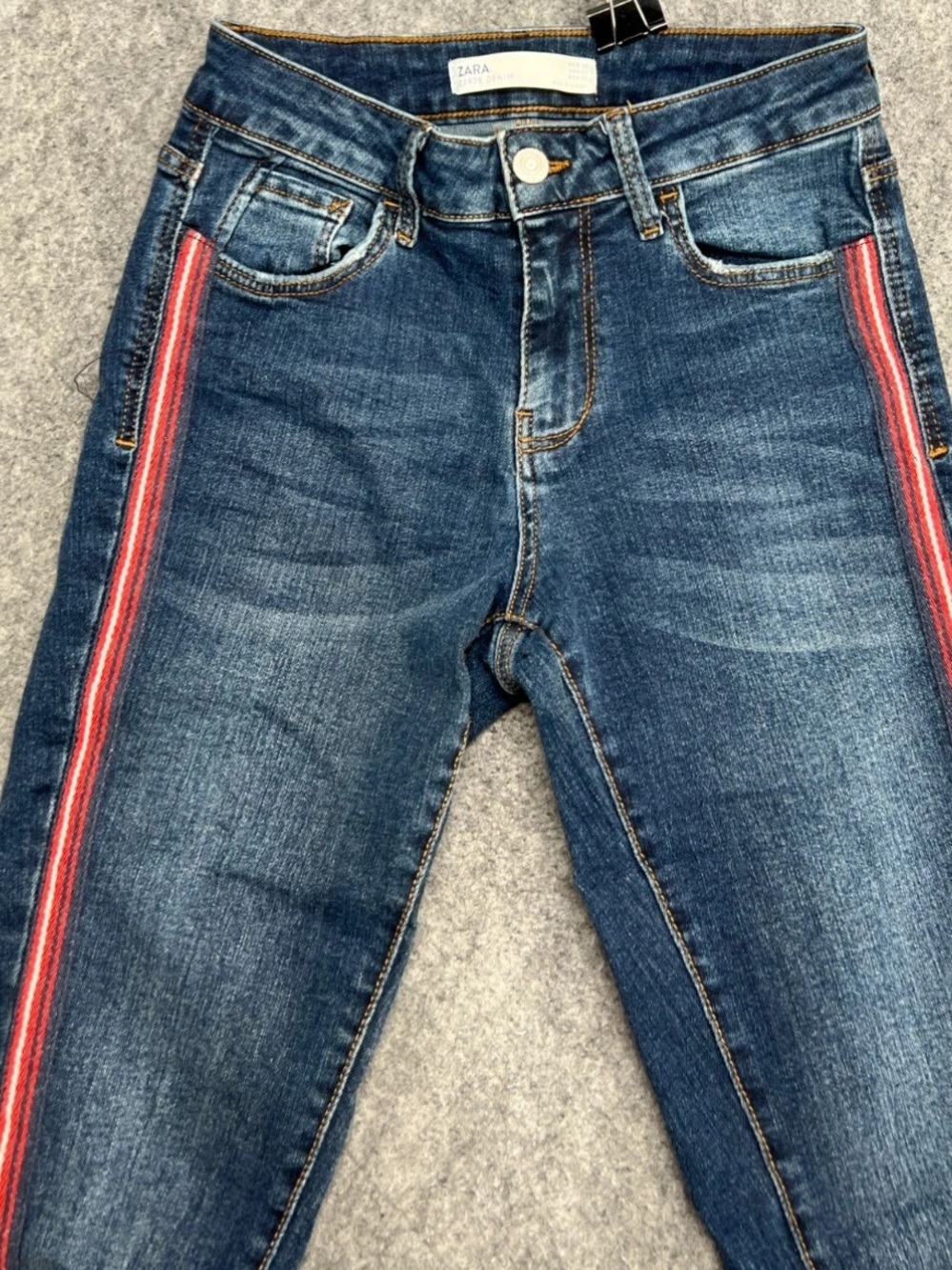 Zara Z1975 Denim Jeans Womens Size 4 Side Striped Cut Off Blue Skinny Distressed